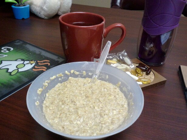 Breakfast - oatmeal, protein powder, ground flax & cinnamon with green tea