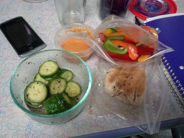 dinner at the bowling alley - 5 oz grilled chicken breast, 2 cups sliced peppers, 1 mini cucumber