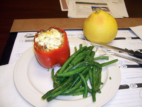 Lunch! Beef/Brown Rice Stuffed Red Pepper & steamed green beans, with a grapefruit