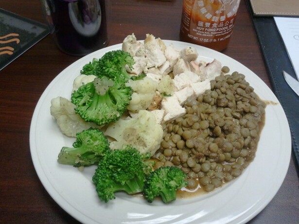 lunch - 4 oz grilled chicken breast, half cup lentils and 2 cups broccoli and cauliflower