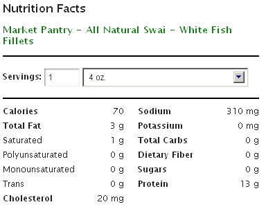 Nutrition Informatin for Swai - unseasoned