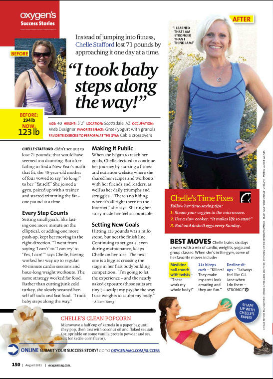 Chelle Stafford Weight loss success story, Oxygen Magazine, August 2011